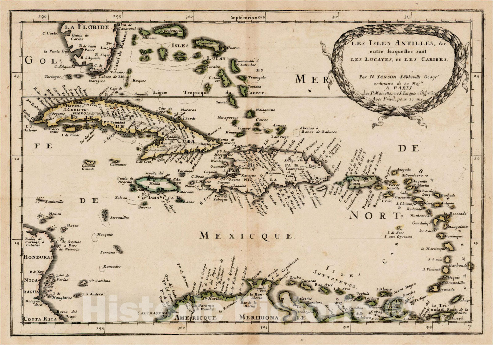 Historic Map : Les Isles Antilles entre les quelles sont Les Lucayes et Les Caribes, 1657, Nicolas Sanson, v1, Vintage Wall Art