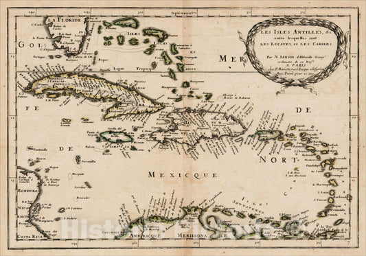 Historic Map : Les Isles Antilles entre les quelles sont Les Lucayes et Les Caribes, 1657, Nicolas Sanson, v1, Vintage Wall Art