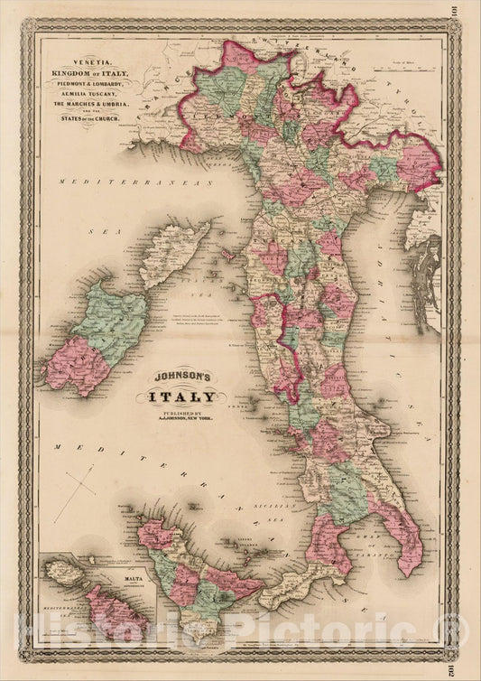 Historic Map : Johnson's Italy. Venetia, Kingdom of Italy, Piedmont and Lombardy, Aemilia Tuscany, the Marches & Umbria, and the States of the Church, 1870, Vintage Wall Art