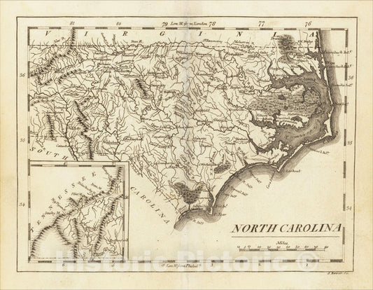 Historic Map : North Carolina, c1813, Mathew Carey, Vintage Wall Art