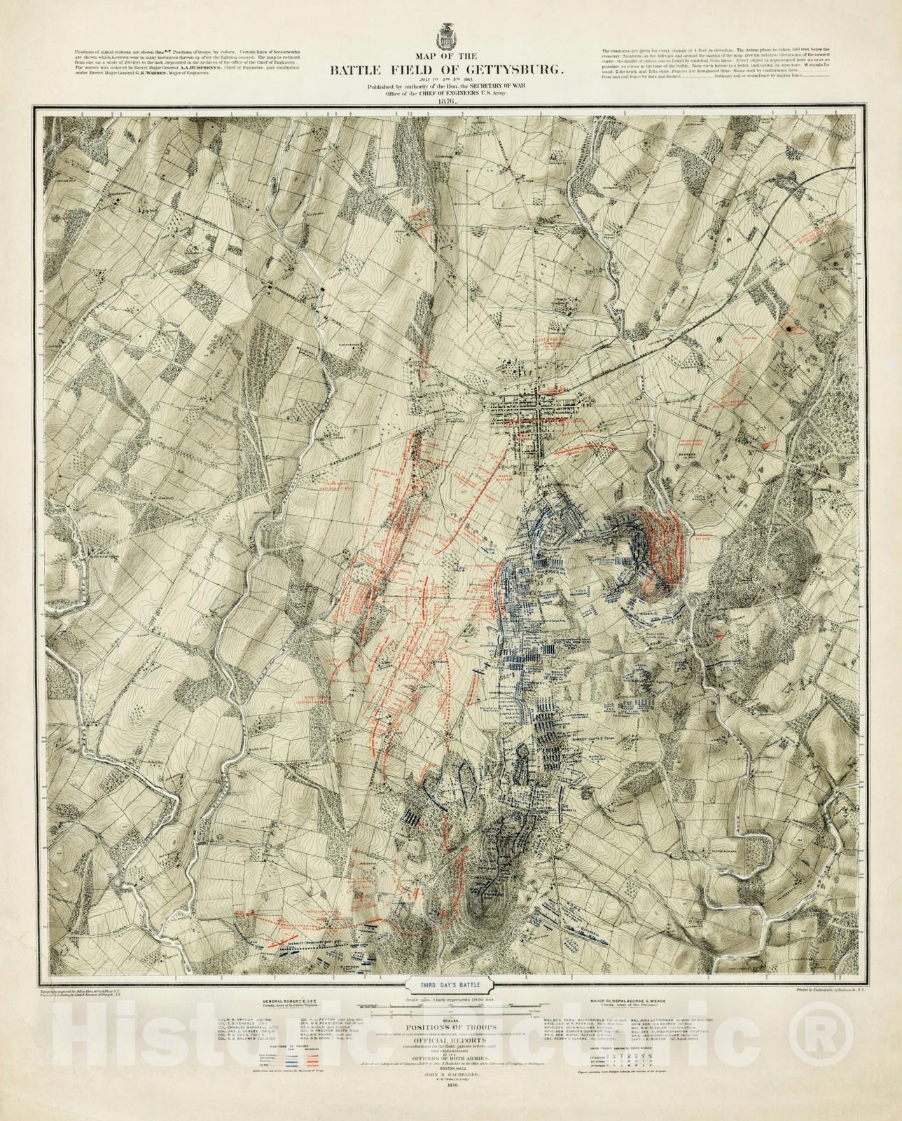 Historic Map : Map of the Battlefield of Gettysburg July 1st, 2nd, 3rd 1863 (3rd day), 1876, v2, Vintage Wall Art