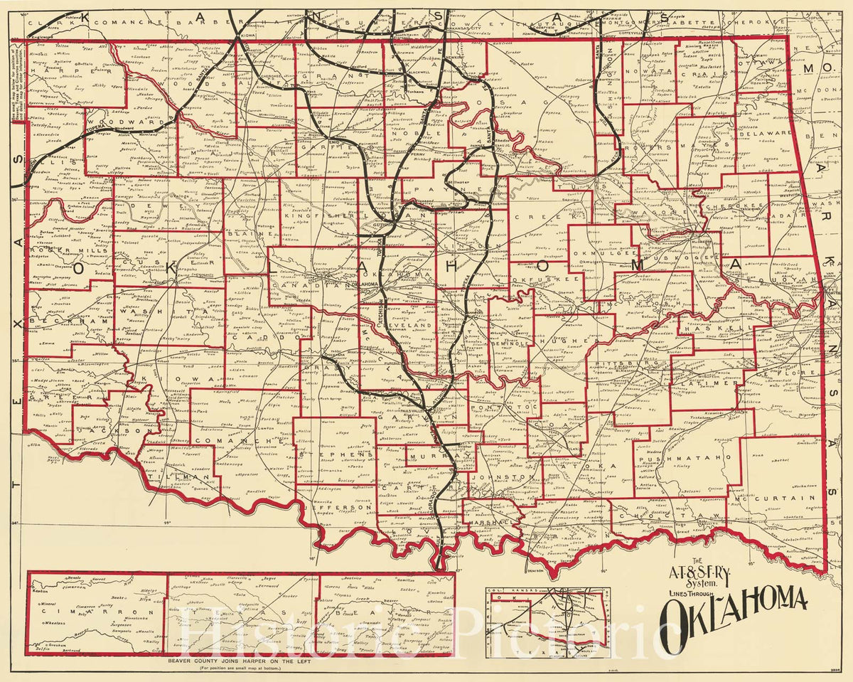 Oklahoma - Santa Fe Railroad System Map, 1908 | Historical Map Print