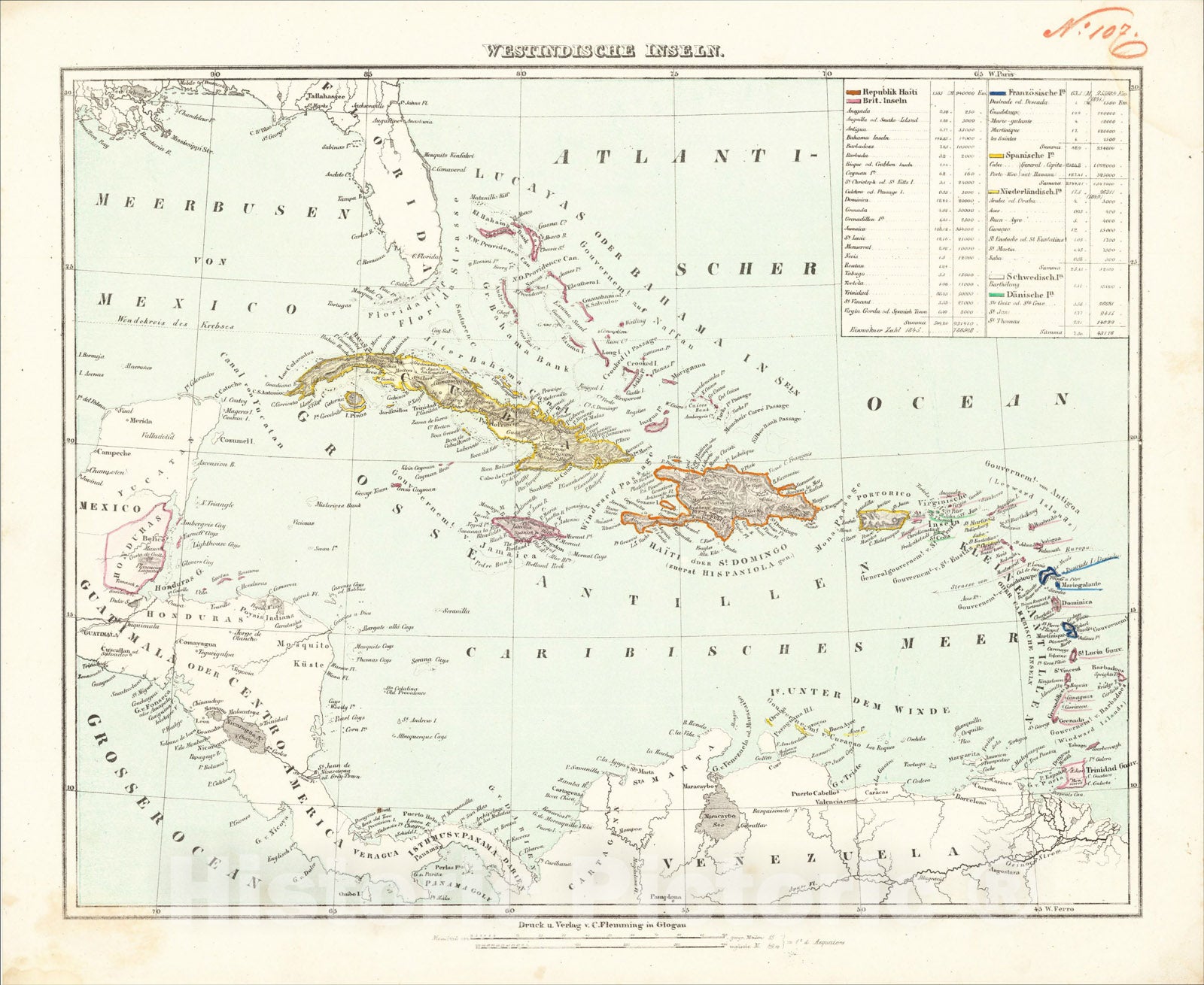 Historic Map : Westindische Inselen, 1854, Carl Flemming, Vintage Wall Art