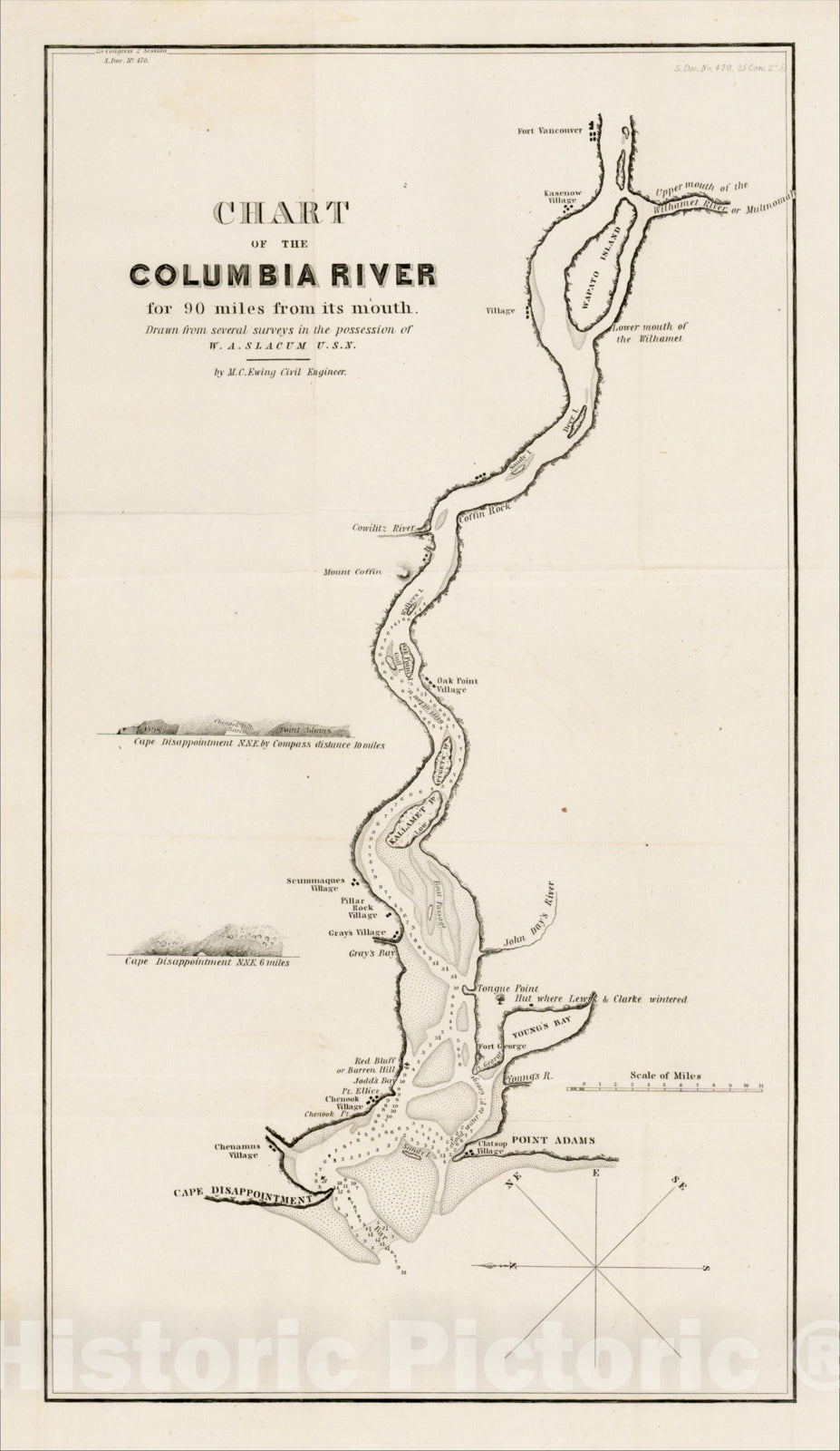 Historic Map : Chart of the Columbia River for 9 miles from its mouth, 1835, W.A. Slocum, v1, Vintage Wall Art