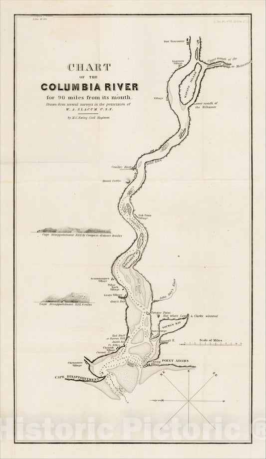 Historic Map : Chart of the Columbia River for 9 miles from its mouth, 1835, W.A. Slocum, v1, Vintage Wall Art