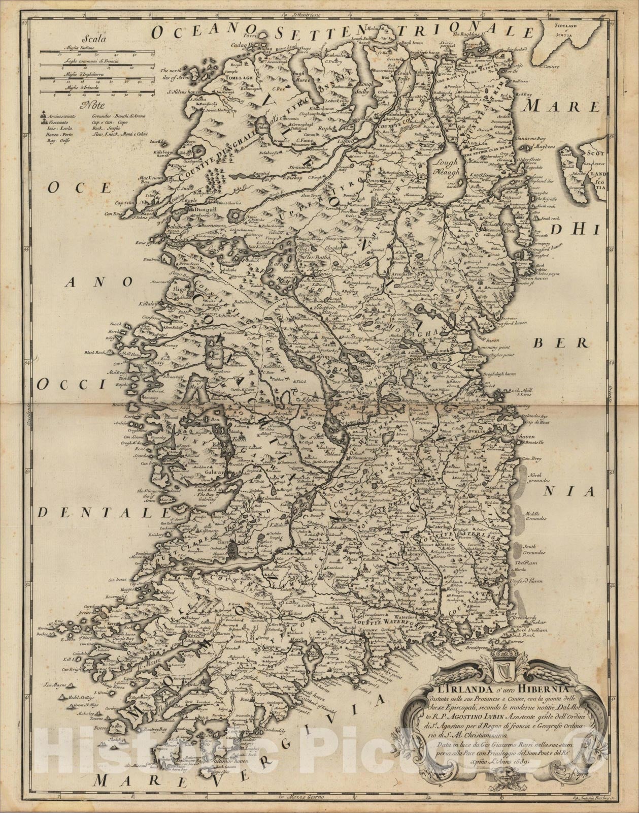 Historic Map : L'Irlanda o'uero Hibernia distinta neel sue Provincie e Contee con la gionta della cie se Episcoli, 1689, , Vintage Wall Art