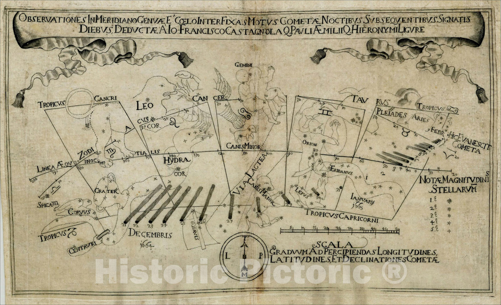 Historic Map : Observationes In Meridiano Genuae E' Coelo Inter Fixas Motus Cometae Noctibus Subsequentibus Signatis Diebus, Deductae a Io, 1665, Vintage Wall Art