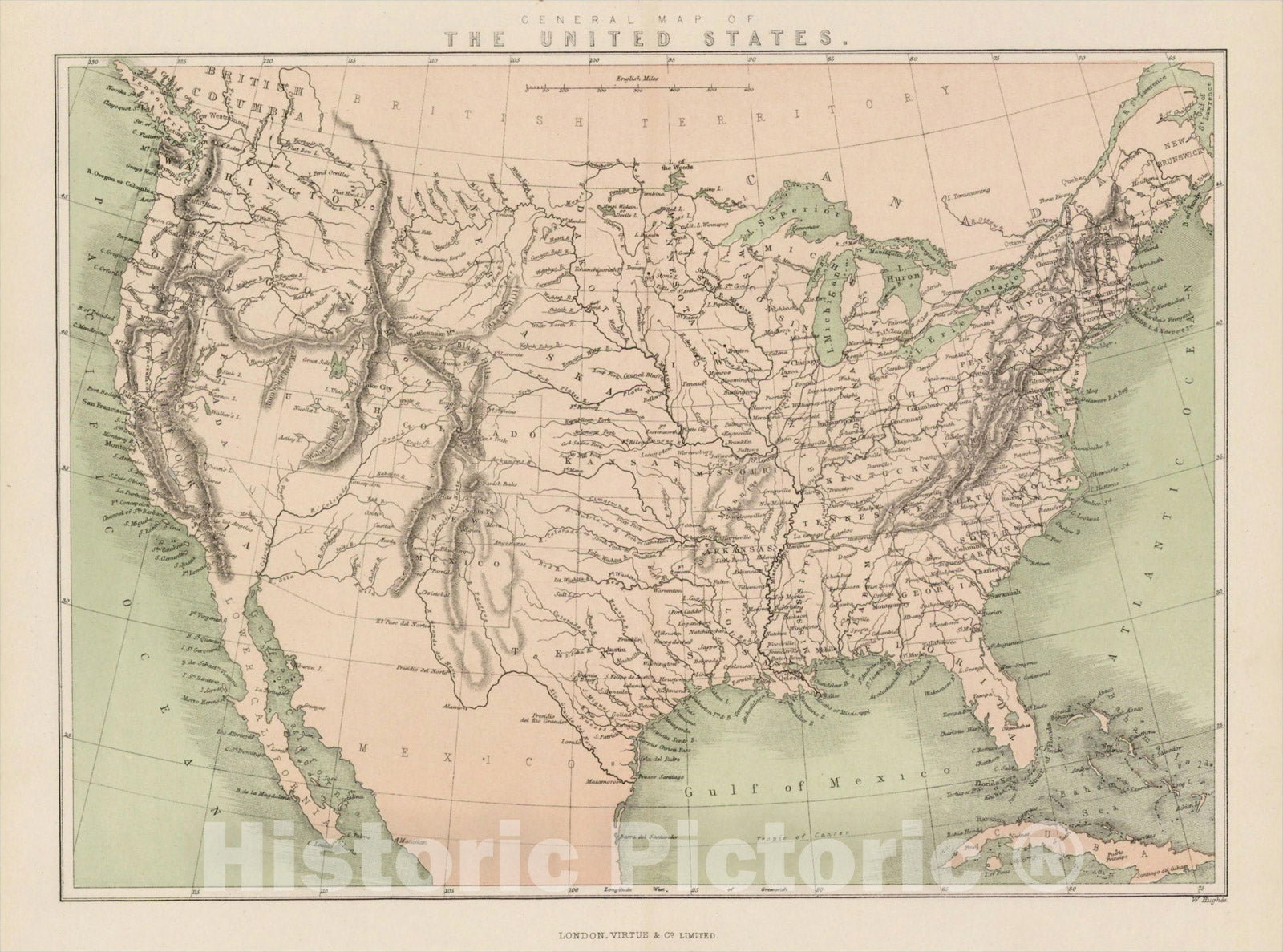 Historic Map : General Map of the United States, 1861, Virtue & Co., Vintage Wall Art