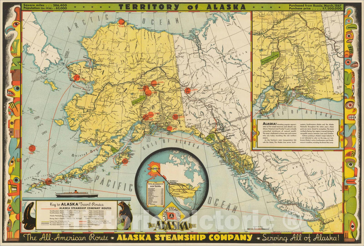 Historic Map : Territory of Alaska. Alaska Steamship Co. The Alaska Line, 1936, v1, Vintage Wall Art