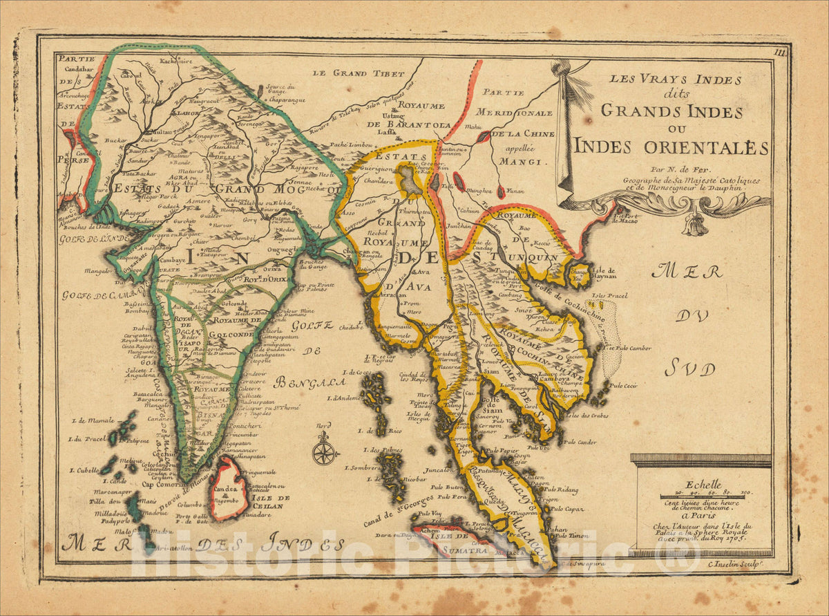 Historic Map : Les Vrays Indes dits Grands Indes ou Indes Orientales, 1705, Nicolas de Fer, Vintage Wall Art