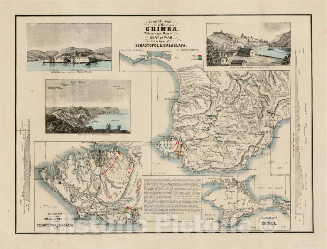 Historic Map : Physical Map of the Crimea With enlarged Maps of the Sat of War, And Views of Sebastapol & Balaklava, 1853, , Vintage Wall Art