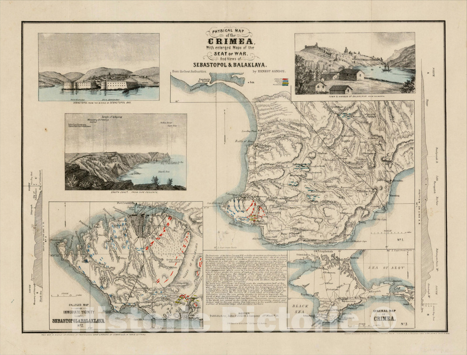 Historic Map : Physical Map of the Crimea With enlarged Maps of the Sat of War, And Views of Sebastapol & Balaklava, 1853, , Vintage Wall Art