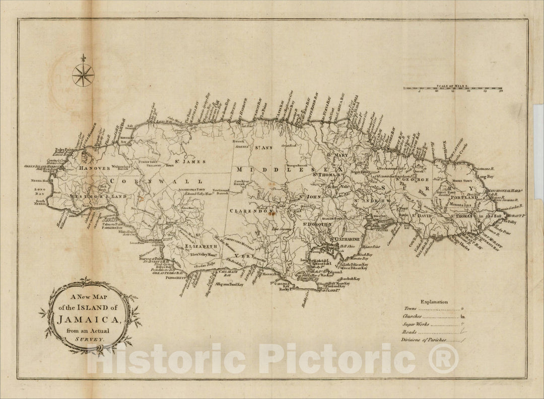 Historic Map : A New map of the Island of Jamaica, from an Actual Survey, 1773, , Vintage Wall Art