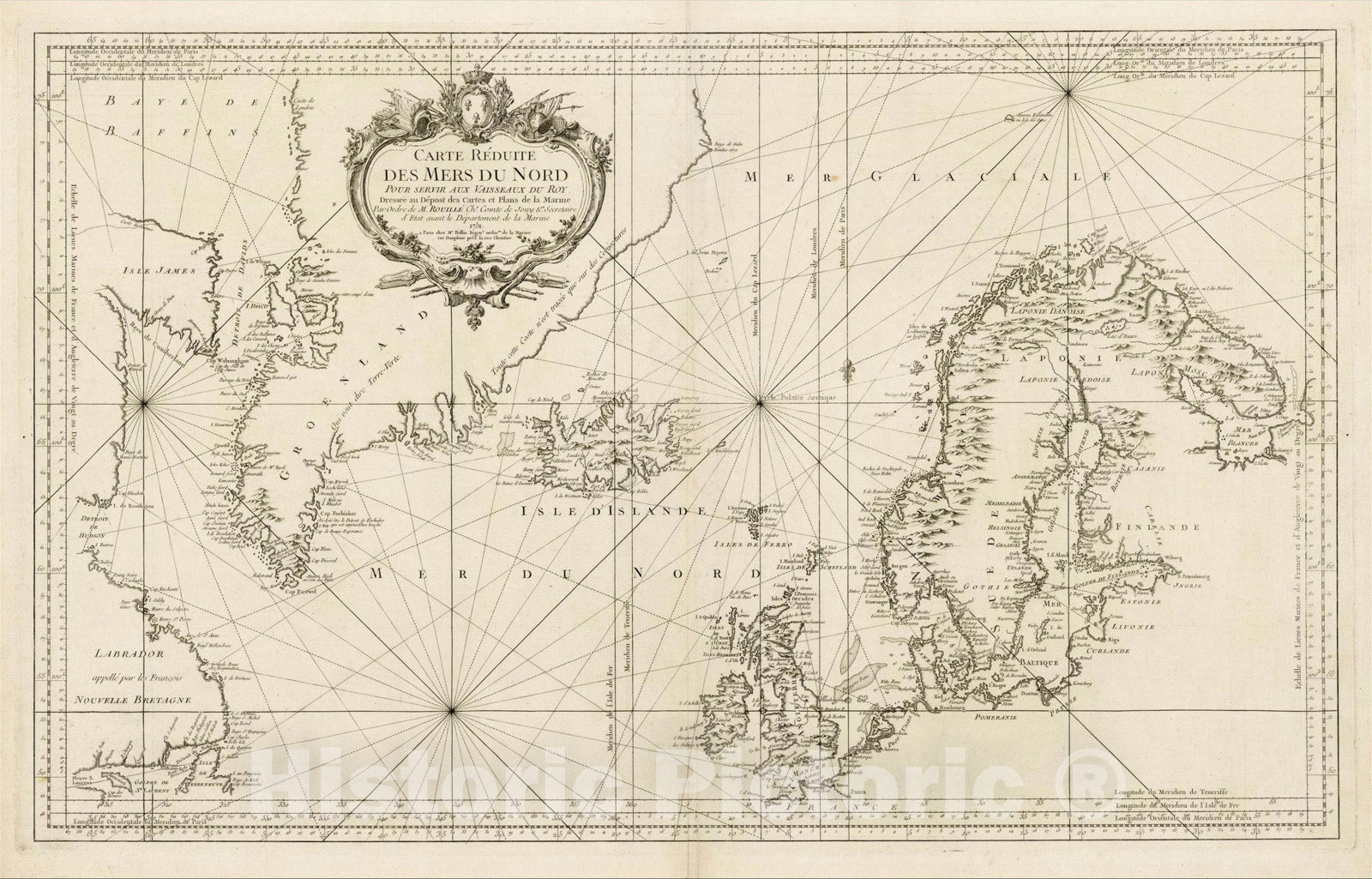 Historic Map : Carte Reduite Des Mers Du Nord Pour Servir Aux Vasseaux du Roy 1751, 1751, Jacques Nicolas Bellin, Vintage Wall Art