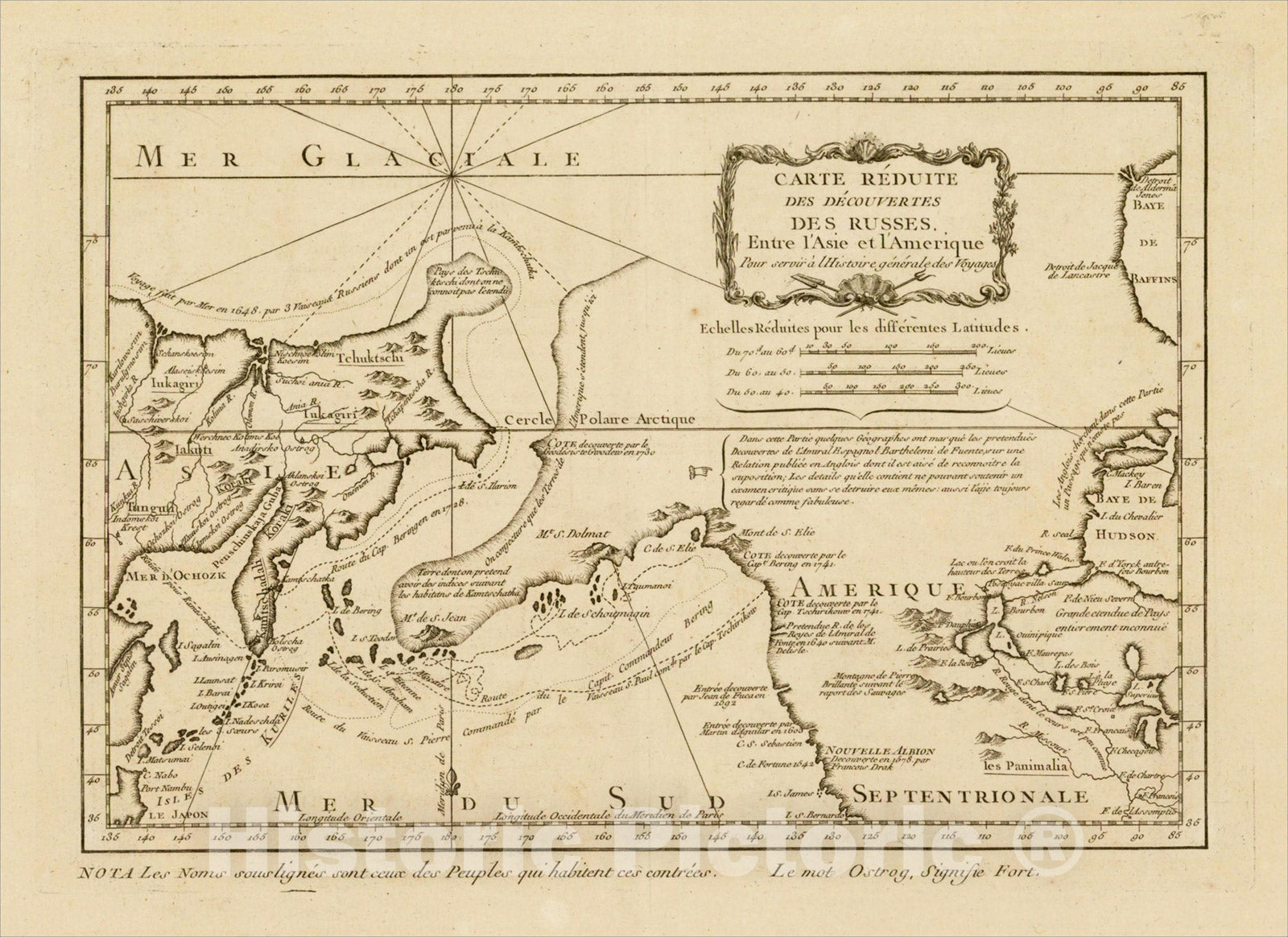 Historic Map : Carte Reduite Des Decouvertes Des Russes Entre l'Asie et l'Am?ique, 1764, Jacques Nicolas Bellin, Vintage Wall Art