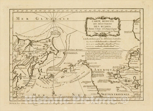 Historic Map : Carte Reduite Des Decouvertes Des Russes Entre l'Asie et l'Am?ique, 1764, Jacques Nicolas Bellin, Vintage Wall Art