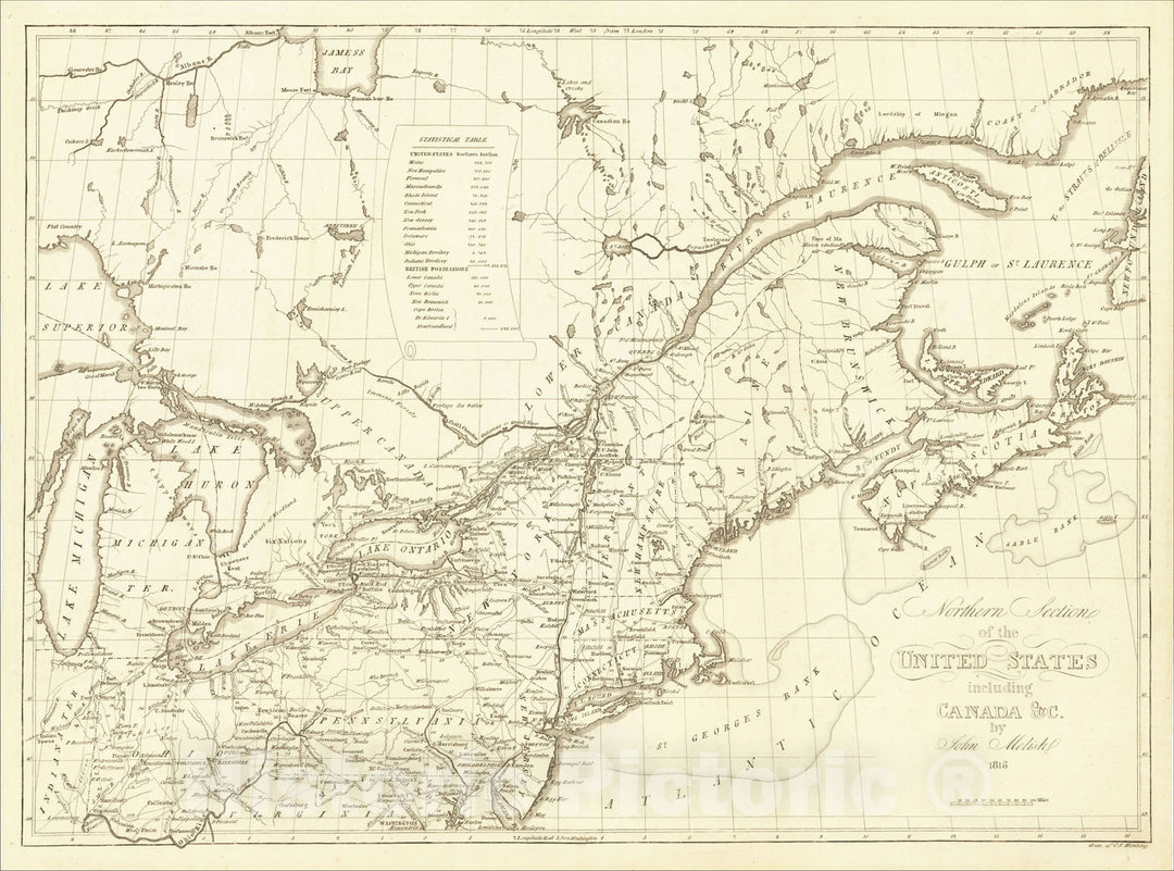 Historic Map : Northern Section of the United States including Canada andc. by John Melish 1816, 1816, John Melish, Vintage Wall Art