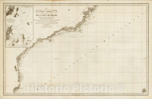 Historic Map : Carta Esferica de una parte de la Costa Del Brasil desde La Bahia del Espiritu-Santo hasta El Morro de Sta. Marta, 1827, 1827, Vintage Wall Art