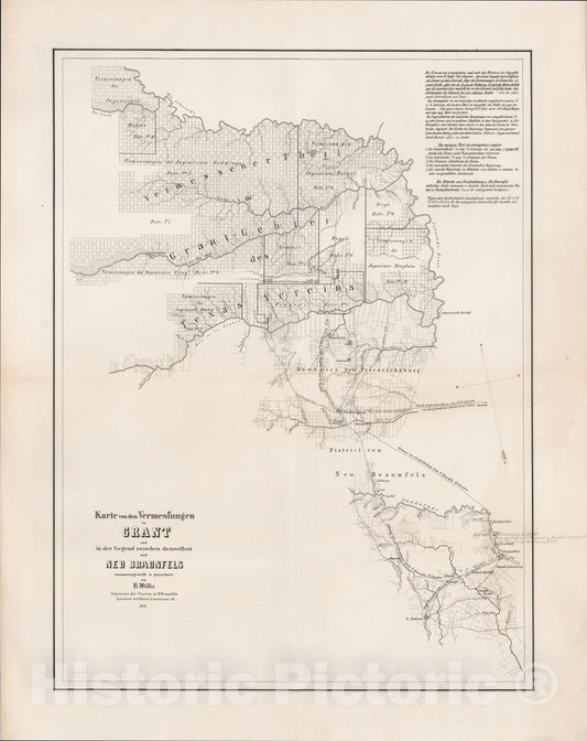 Historic Map : Karte von den Vermessungen im Grant und in der Gegend zwischen demselben und Neu Braunfels, c1850, Hermann Willke, Vintage Wall Art