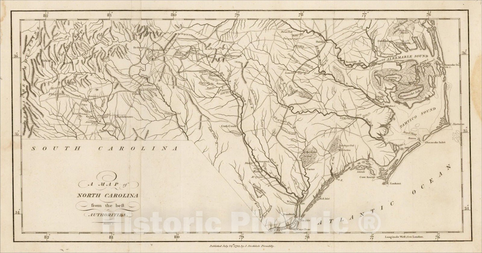 Historic Map : A Map of North Carolina From The Best Authorities, 1794, John Stockdale, Vintage Wall Art