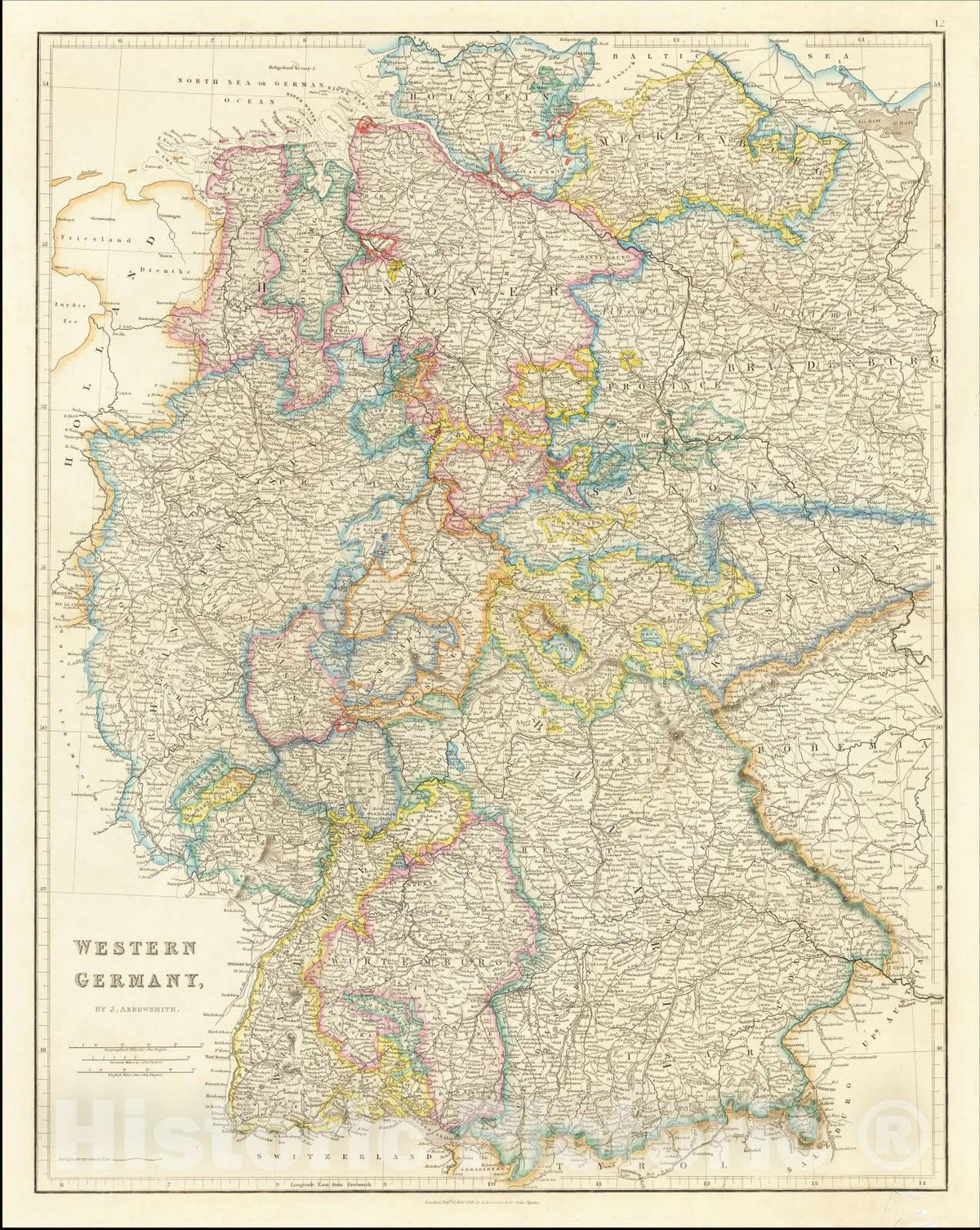 Historic Map : Western Germany, 1858, John Arrowsmith, Vintage Wall Art