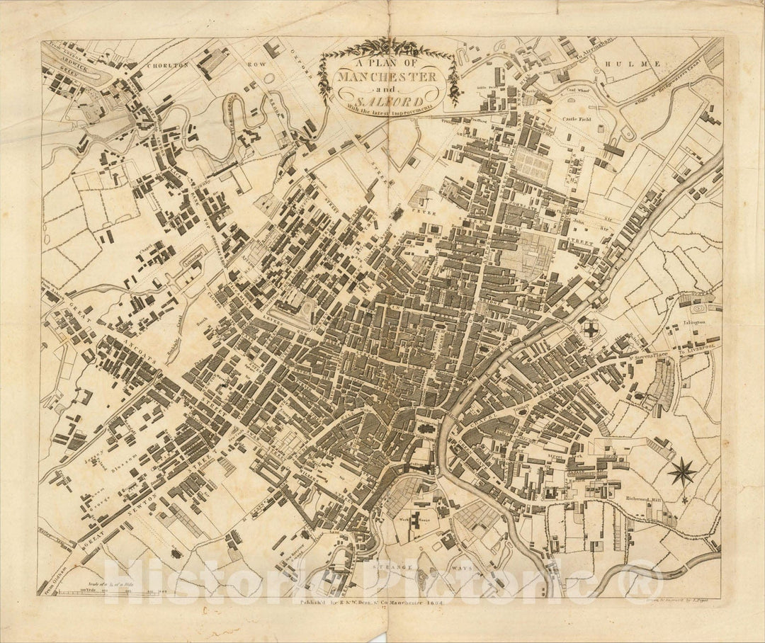 Historic Map : A Plan of Manchester and Salford with the latest Improvements, 1804, R & W. Dean & Co., Vintage Wall Art
