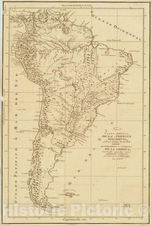 Historic Map : Carta Esferica De La America Meridional, 1802, Juian Corradi, Vintage Wall Art