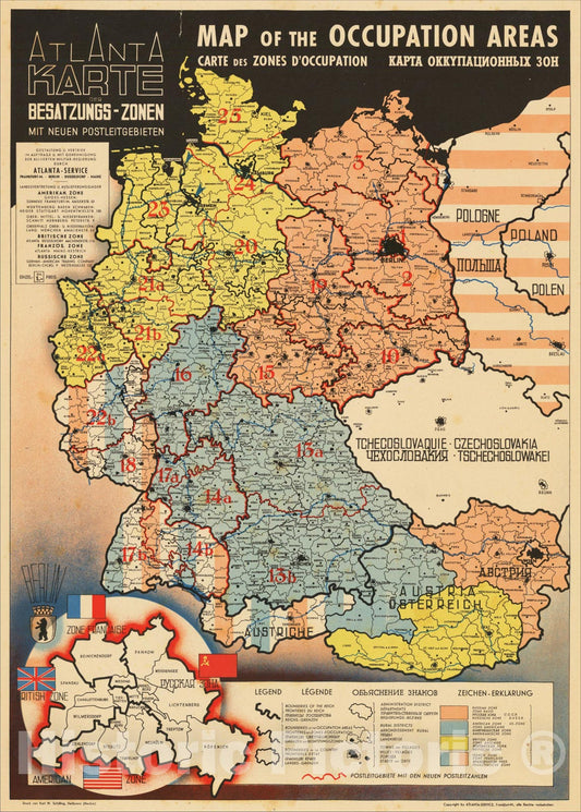 Historic Map : Map of the Occupation Areas - Carte des Zones D'Occupation - ????? ????????????? ???, 1945, Atlanta Map, v2, Vintage Wall Art