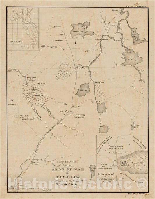 Historic Map : Copy Of A Map of the Seat of War in Florida Forwarded to the War Department by Major Gen'l W. Scott, 1835, United States GPO, Vintage Wall Art