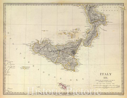 Historic Map : Italy III (Sicily and Malta), 1830, SDUK, Vintage Wall Art