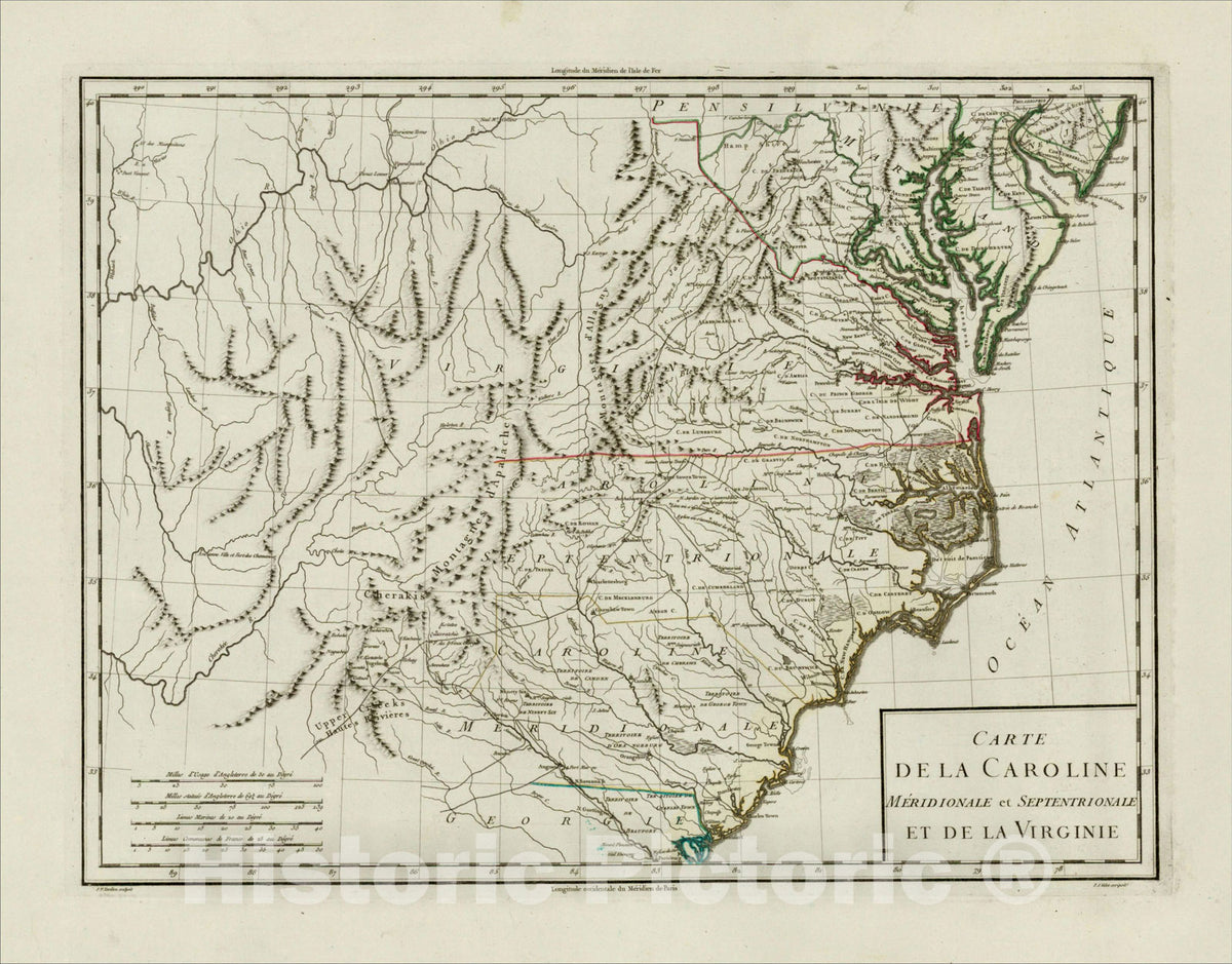 Historic Map : Carte De La Caroline Meridionale et Septentrionale et de La Virginie, 1795, Pierre Antoine Tardieu, v2, Vintage Wall Art