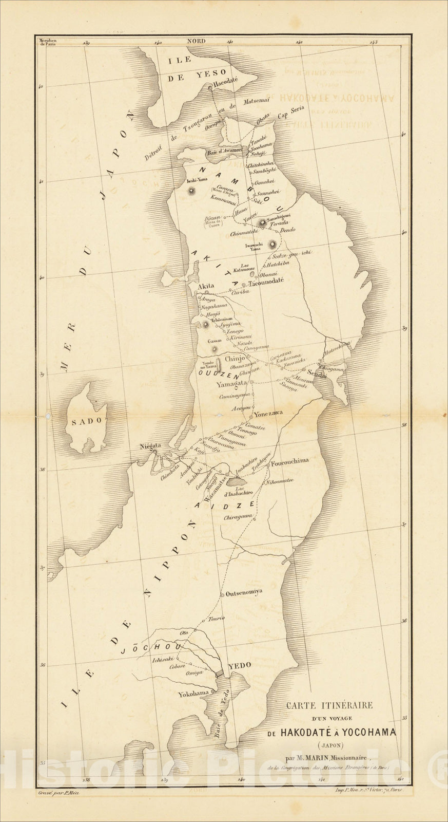 Historic Map : Carte Itineraire D'Une Voyage de Hakodate a Yocohama (Japon), 1874, , Vintage Wall Art