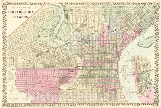 Historic Map : Plan of the City of Philadelphia and Camden, 1882, Samuel Augustus Mitchell Jr., Vintage Wall Art