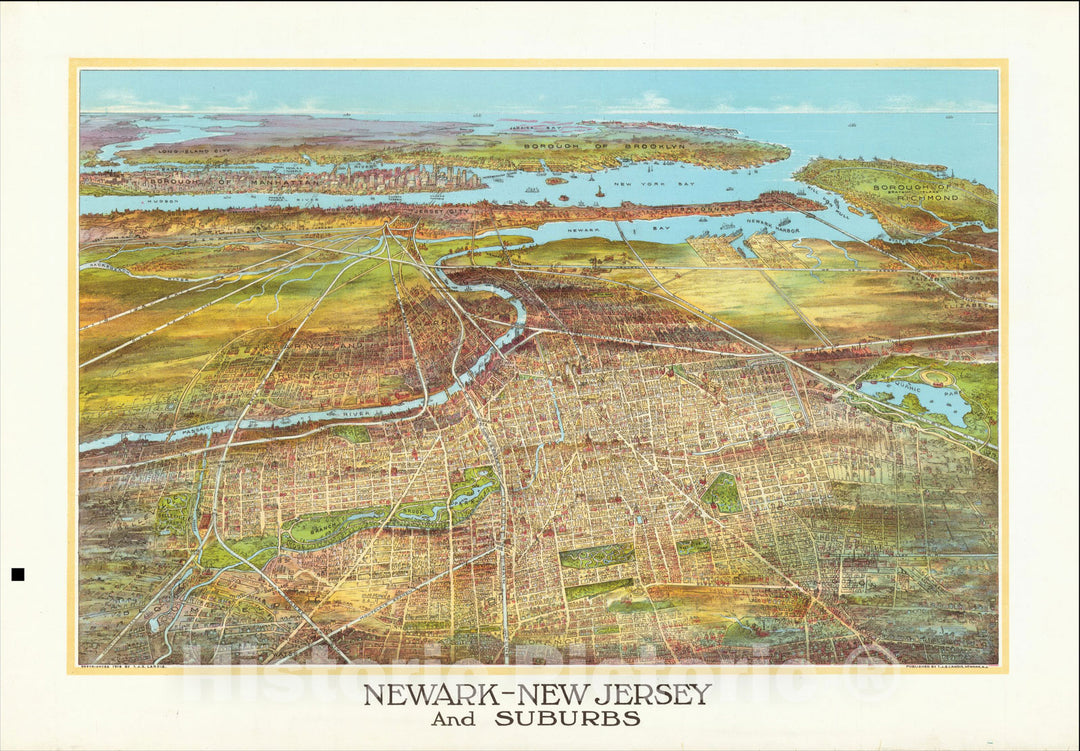 Historic Map : Newark-New Jersey and Suburbs, 1916, T.J. S. Landis, Vintage Wall Art
