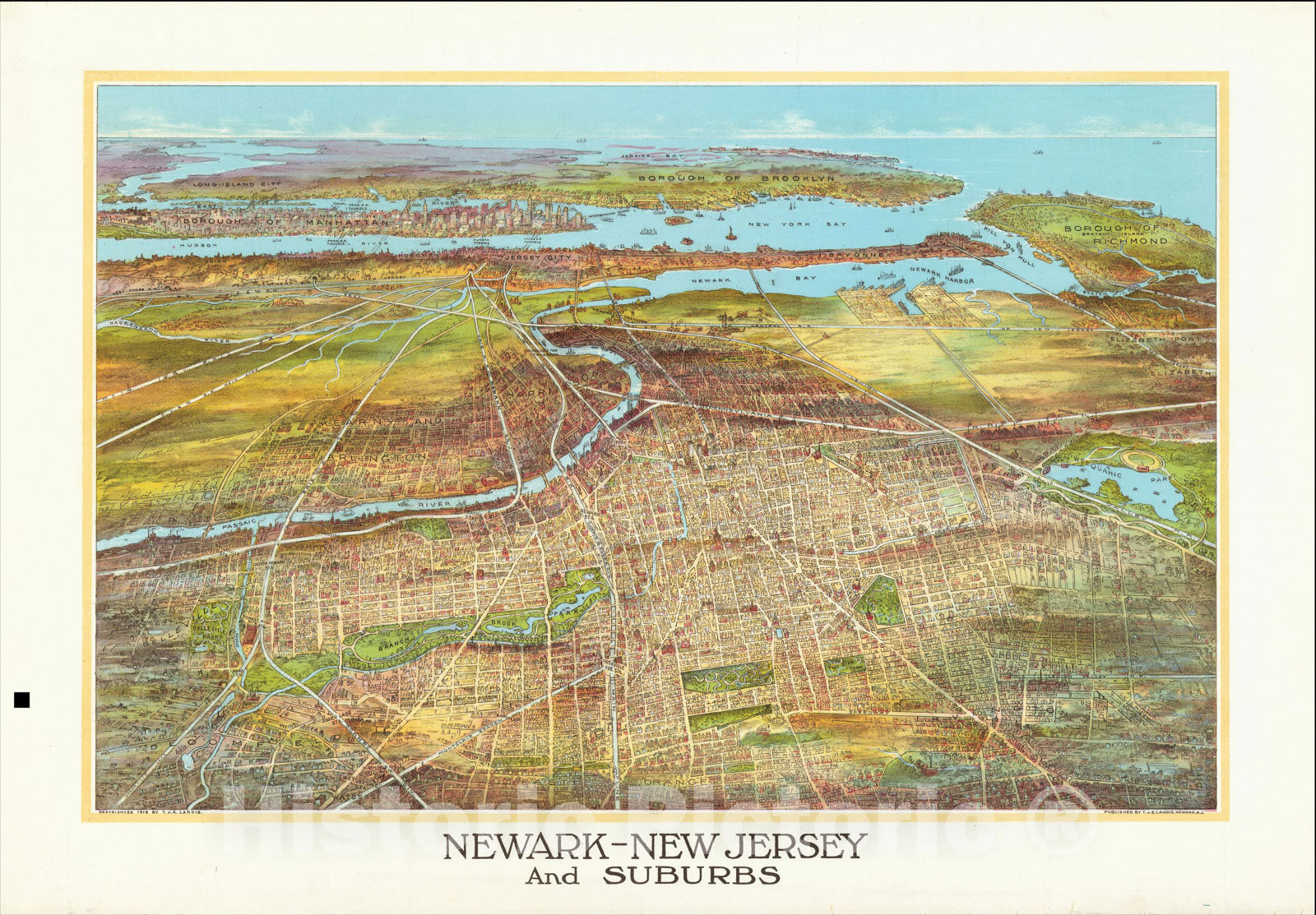 Historic Map : Newark-New Jersey and Suburbs, 1916, T.J. S. Landis, Vintage Wall Art