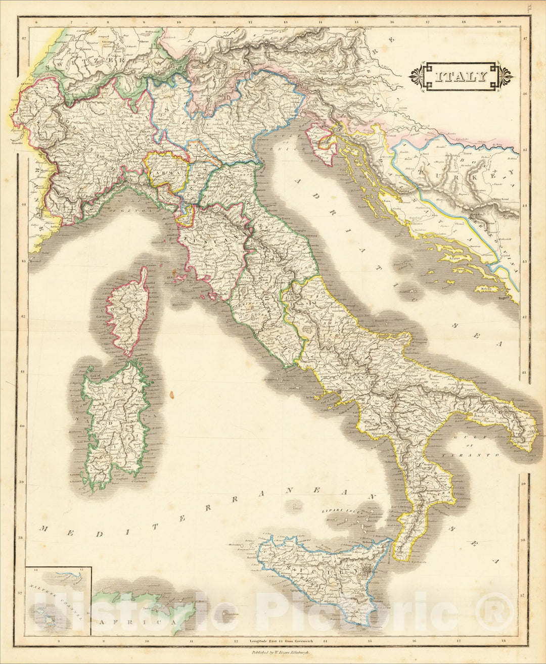 Historic Map : Italy (with Sicily, Malta, Corsica and Sardinia), 1828, William Home Lizars, Vintage Wall Art