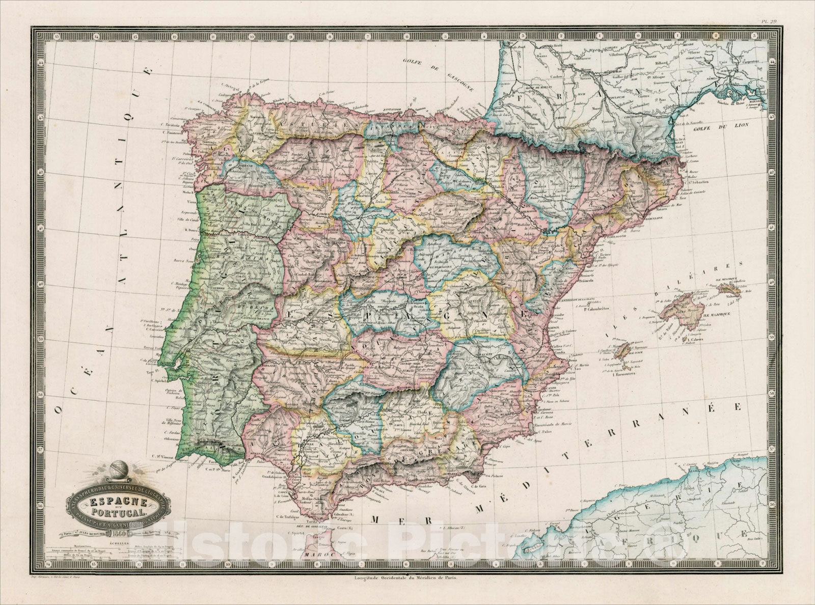 Historic Map : Espagne et Portugal . . .186, 1861, F.A. Garnier, Vintage Wall Art