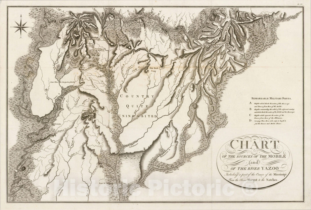 Historic Map : Chart of the Sources of the Mobile and of the River Yazoo, 1826, Victor George Henri Collot, Vintage Wall Art