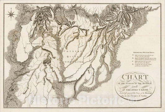 Historic Map : Chart of the Sources of the Mobile and of the River Yazoo, 1826, Victor George Henri Collot, Vintage Wall Art