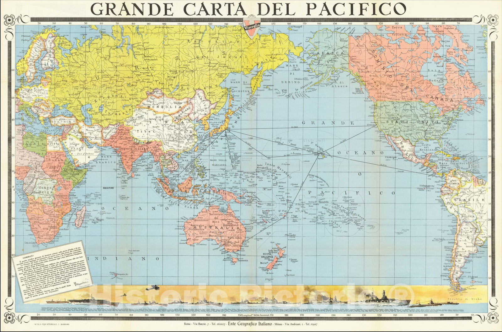 Historic Map : [Musselini Celebrates Pearl Harbor] Grande Carta Del Pacifico, Milan, Ente Geografico Italiano, v1, Vintage Wall Art