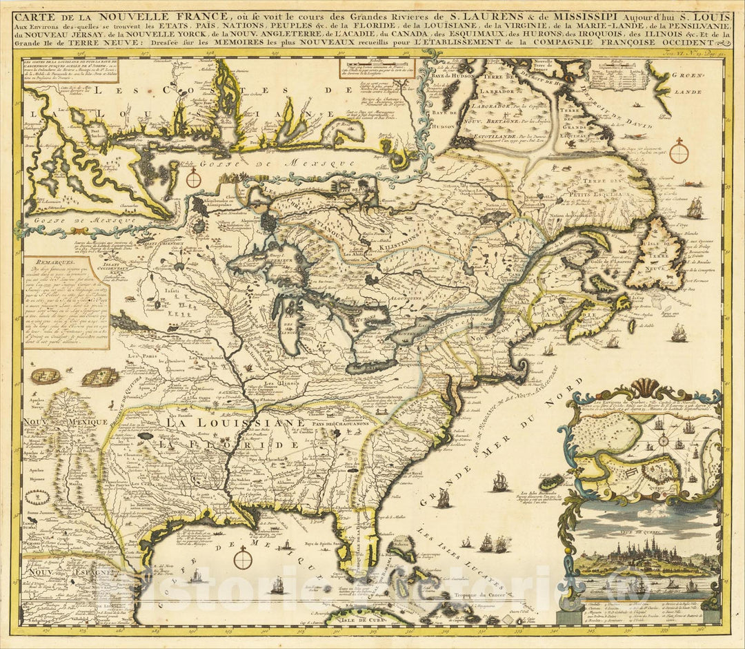 Historic Map : Carte De La Nouvelle France, ou se voit le cours des Grandes Rivieres, 1719, Henri Chatelain, Vintage Wall Art