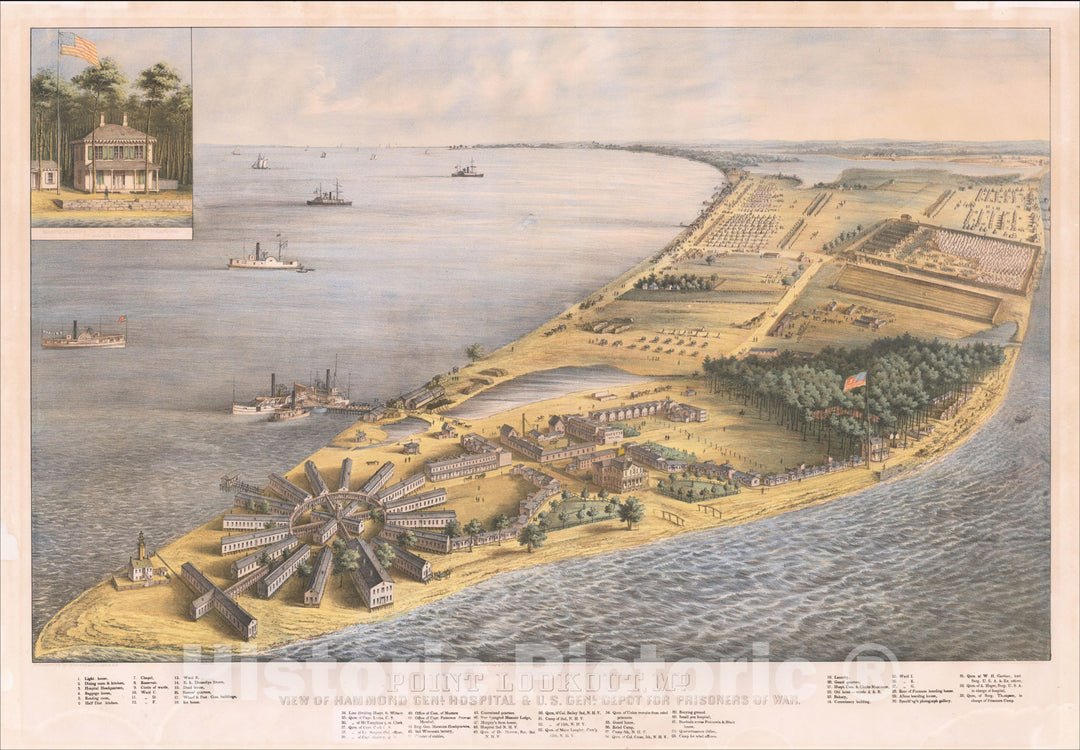 Historic Map : Point Lookout MD. View of Hammond Genl. Hospital & U.S. Genl Depot For Prisoners of WAr., 1864, E. Sachse & Co., Vintage Wall Art