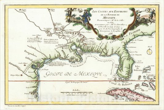 Historic Map : Les Costes Aux Environs De La Riviere De Mississippi, 1705, Nicolas de Fer, Vintage Wall Art
