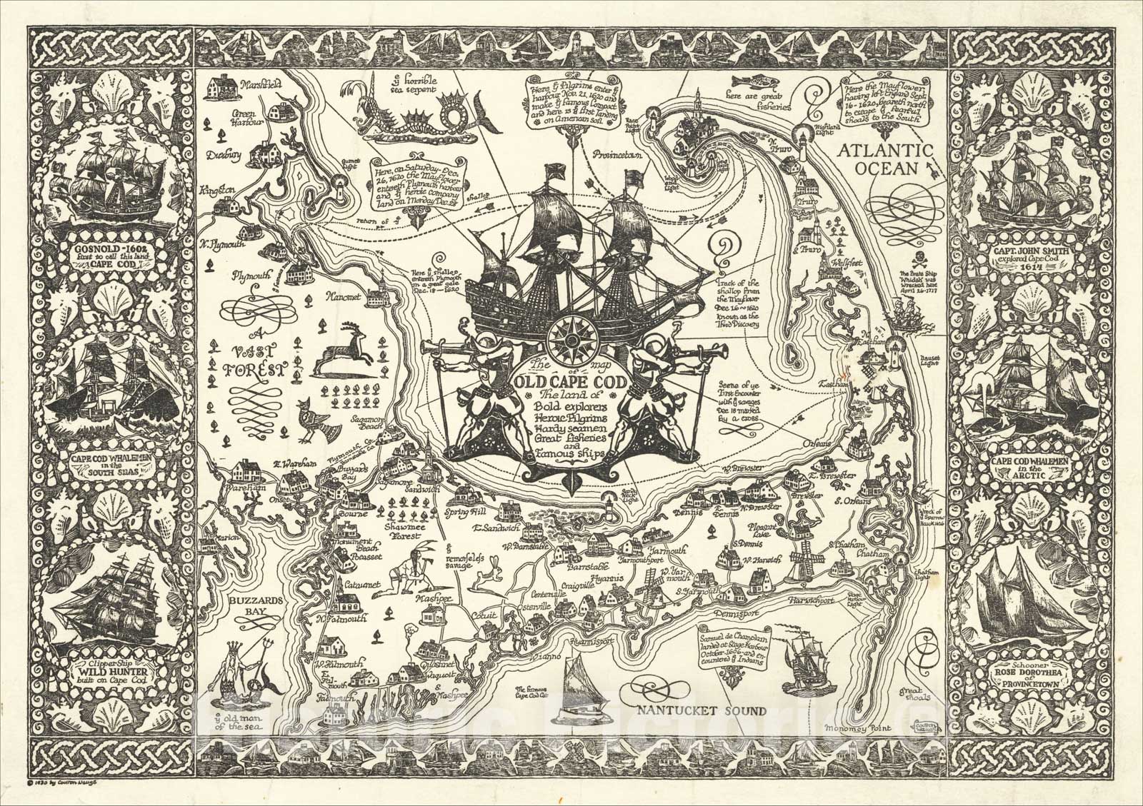 Historic Map : The map of Old Cape Cod The land of Bold Explorers Heroic Pilgrims Hardy Seamen Great Fisheries and Famous Ships, 1930, Coulton Waugh, Vintage Wall Art