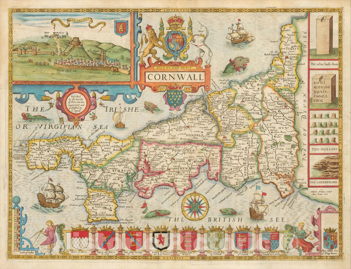 Historic Map : Cornwall Described by the travills of John Norden augmented and published by I. Speed, 1676, John Speed, Vintage Wall Art