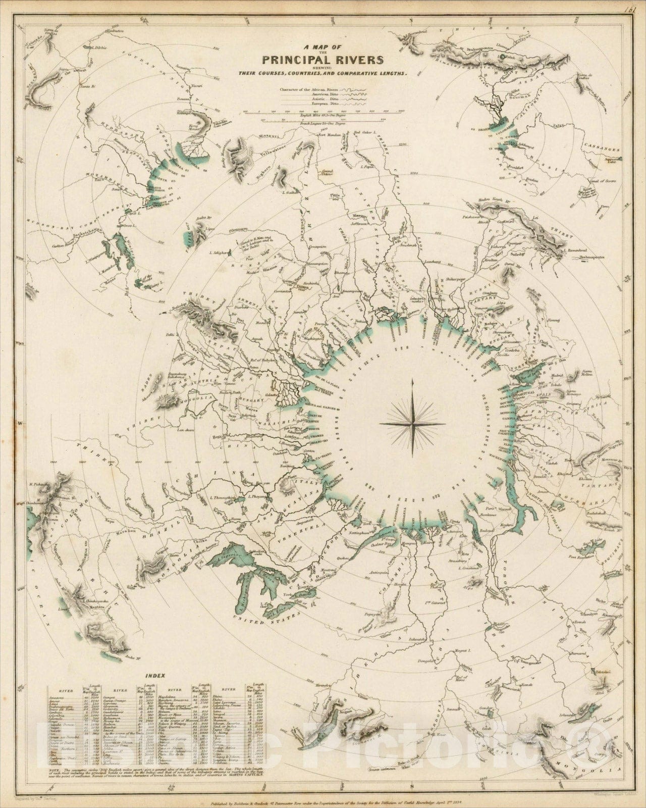 Historic Map : A Map of the Principal Rivers shewing their Courses, Countries and Comparative Lengths , 1834, SDUK, Vintage Wall Art