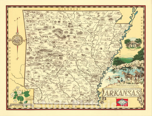 Historic Map : An Historical and Geographical Map of Arkansas, 1938, Karl Smith, Vintage Wall Art