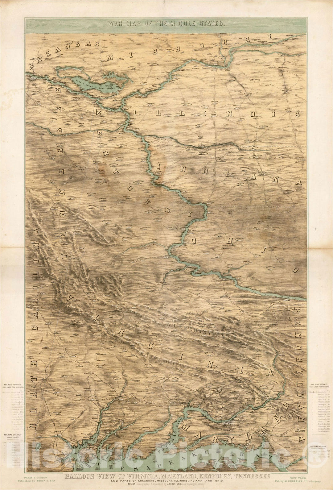 Historic Map : War Map of the Middle States, 1861, J.H. Bufford, Vintage Wall Art