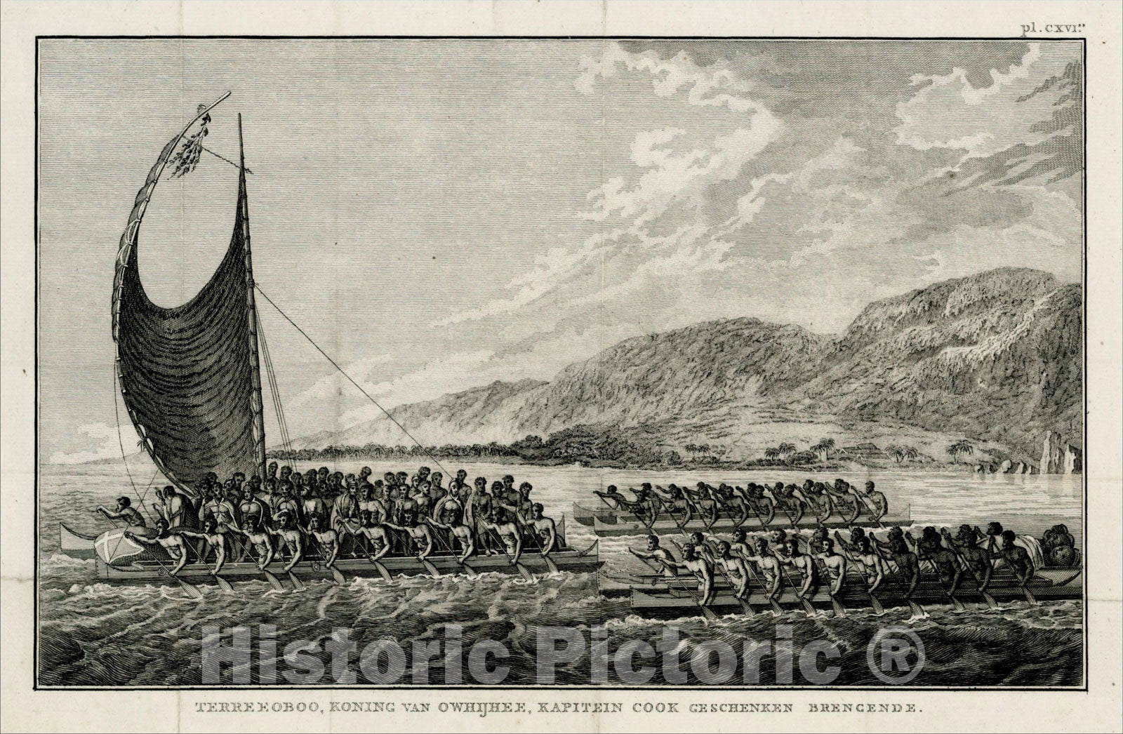 Historic Map : Terreeoboo, Koning Van Owhijhee, Kaptein Cood Geschenken Brengende (The King of Hawaii Bringing Gifts To Captain Cook), 1784, James Cook, Vintage Wall Art