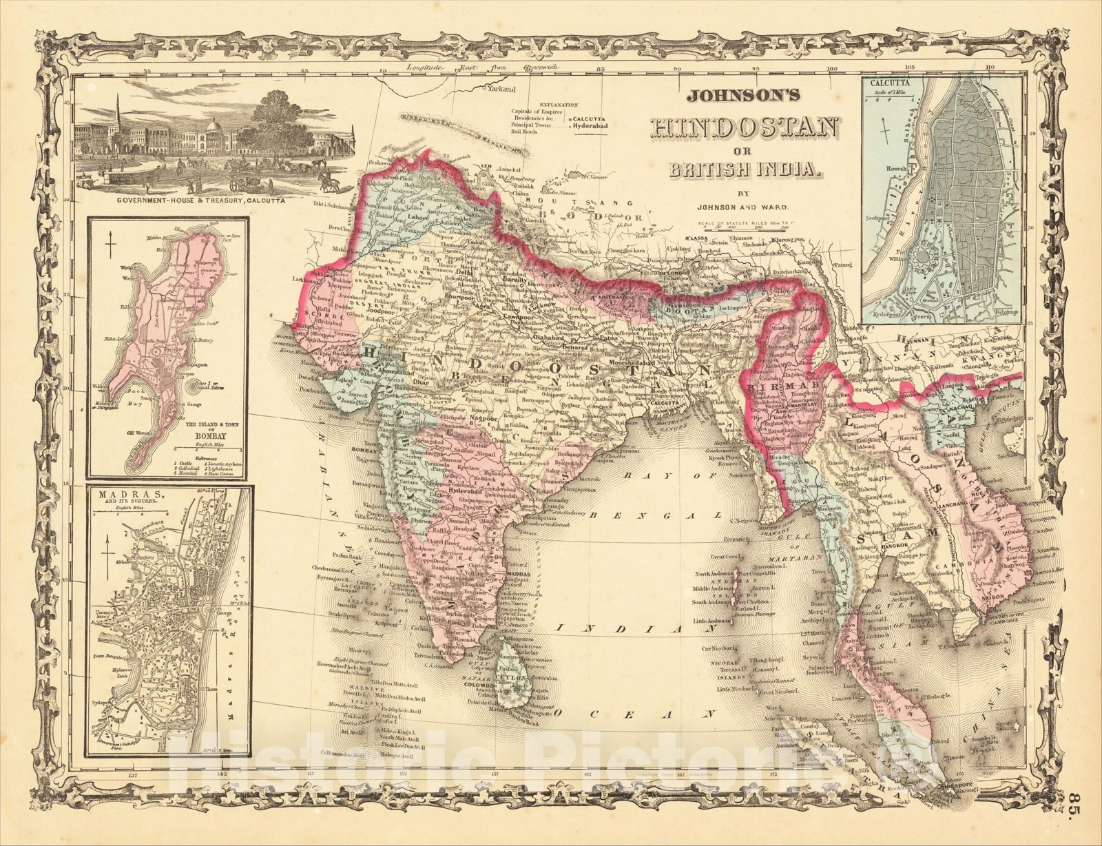 Historic Map : Johnson's Hindostan or British India, 1863, Benjamin P Ward, Vintage Wall Art